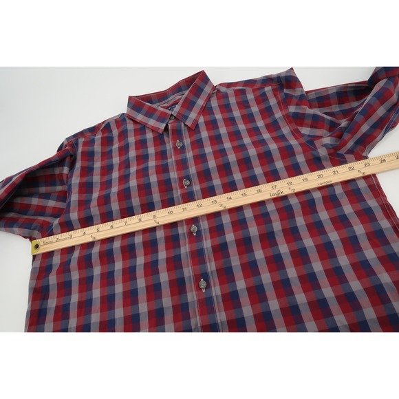 UNTUCKit Mens XL Slim Red Navy Checks Gingham Button Front Wrinkle Free Shirt - Picture 6 of 10